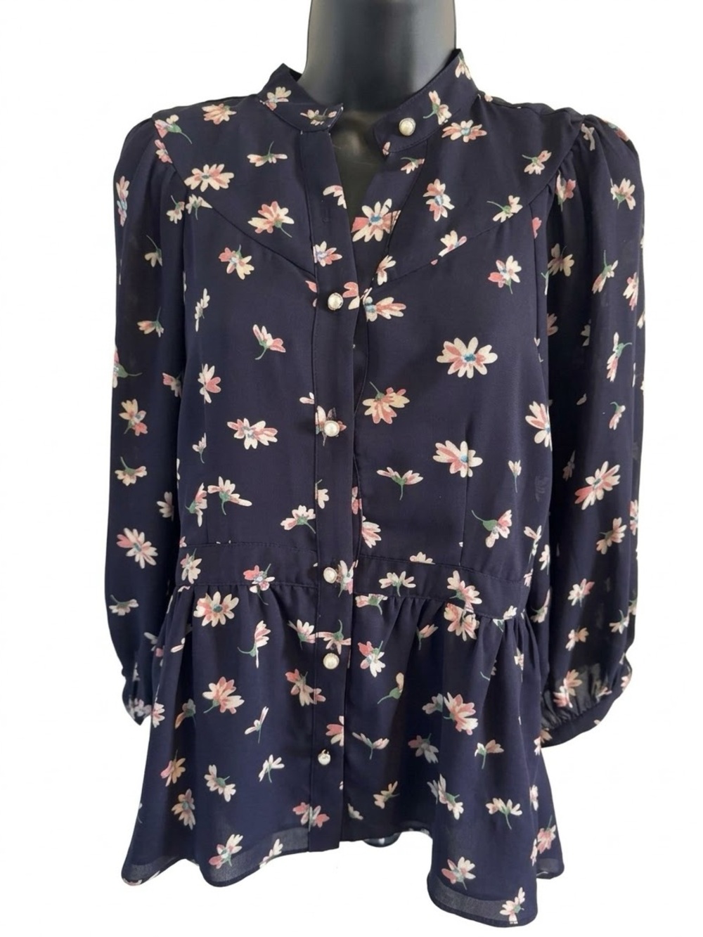 Awear Navy Floral Button Down Peplum Tunic Blouse Sz 10/38 or Small